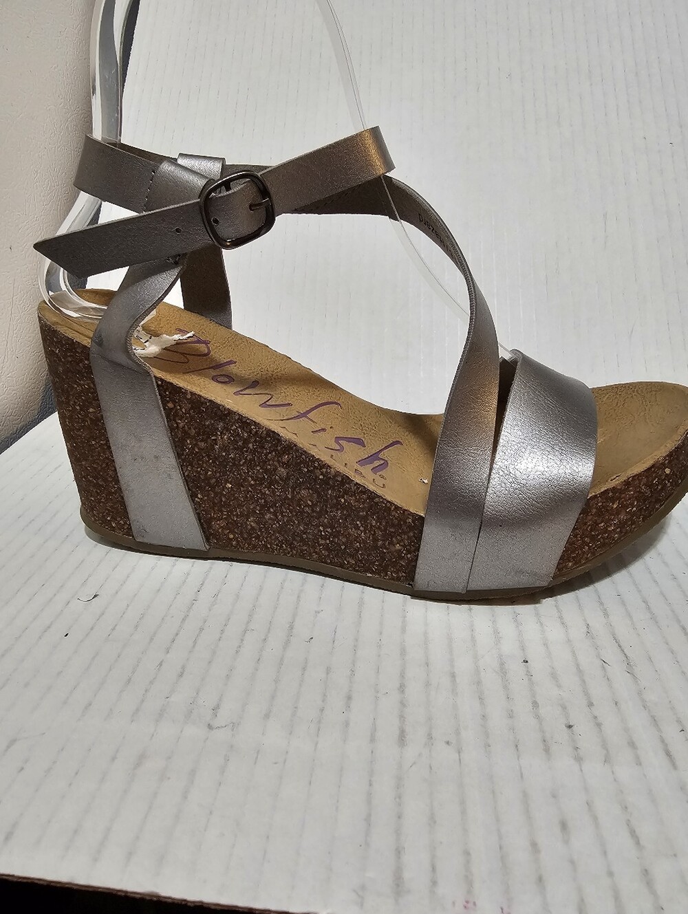 Blowfish Malibu Hazard Womens Silver Metallic Cork Platform Wedge Sandals Sz 6